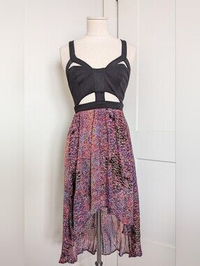 NWT Material Girl Cut out Black Colorful Reptile Print High Low Dress Small